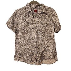 212 Womens Sz M White Black Geometric Short Sleeve Blouse